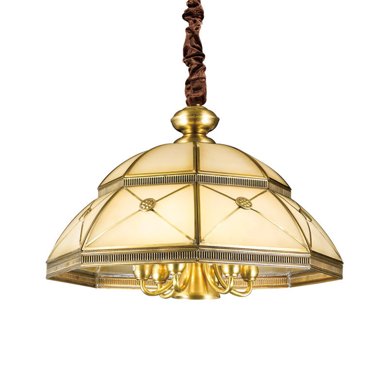 Frosted Glass Gold Pendant Chandelier Bowl 7 Lights Colonialism Ceiling Hang Fixture for Kitchen Clearhalo 'Ceiling Lights' 'Chandeliers' 'Glass shade' 'Glass' Lighting' 284053