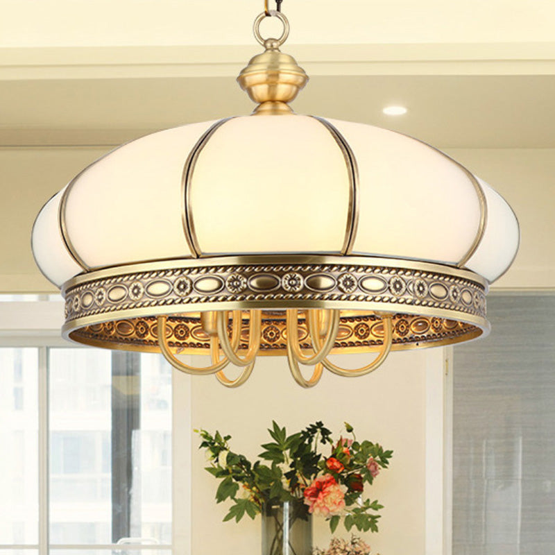 Colonial Oval Hanging Pendant 6 Heads Frosted White Glass Chandelier Lighting Fixture in Gold Clearhalo 'Ceiling Lights' 'Chandeliers' 'Glass shade' 'Glass' Lighting' 284057