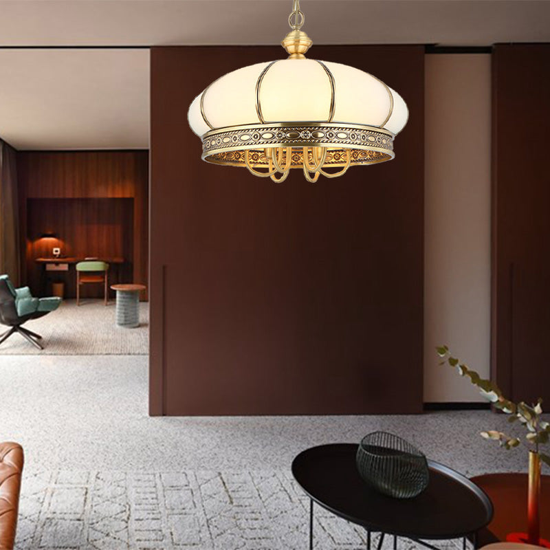 Colonial Oval Hanging Pendant 6 Heads Frosted White Glass Chandelier Lighting Fixture in Gold Clearhalo 'Ceiling Lights' 'Chandeliers' 'Glass shade' 'Glass' Lighting' 284058