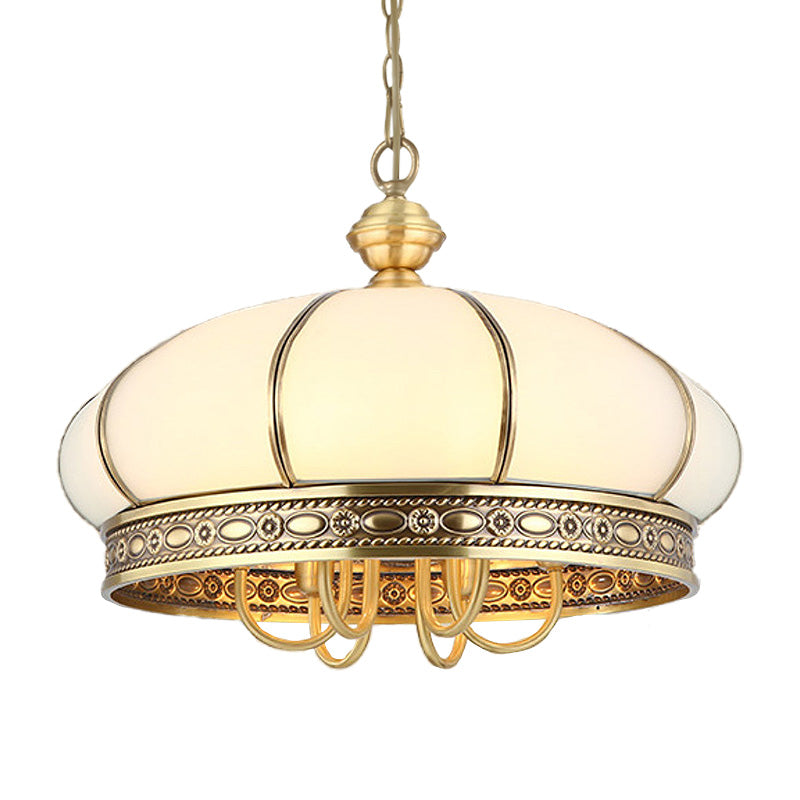 Colonial Oval Hanging Pendant 6 Heads Frosted White Glass Chandelier Lighting Fixture in Gold Clearhalo 'Ceiling Lights' 'Chandeliers' 'Glass shade' 'Glass' Lighting' 284059