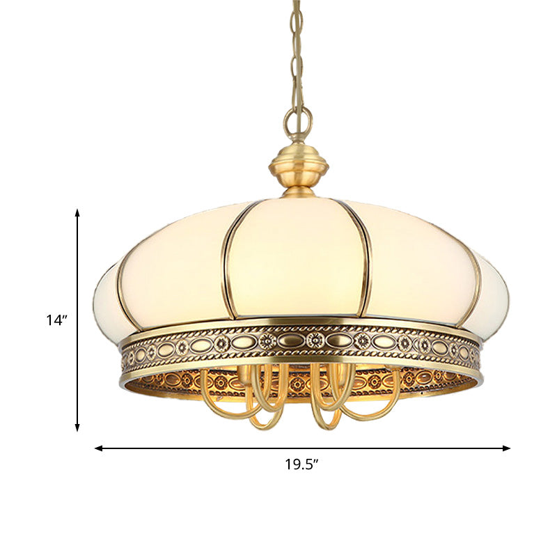Colonial Oval Hanging Pendant 6 Heads Frosted White Glass Chandelier Lighting Fixture in Gold Clearhalo 'Ceiling Lights' 'Chandeliers' 'Glass shade' 'Glass' Lighting' 284060