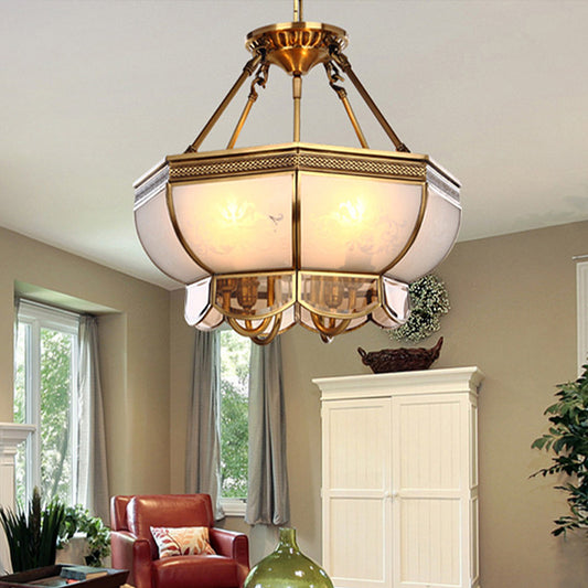 4 Bulbs Bowl Hanging Chandelier Colonial Brass Frosted Glass Ceiling Suspension Lamp for Living Room Brass Clearhalo 'Ceiling Lights' 'Chandeliers' 'Glass shade' 'Glass' Lighting' 284062