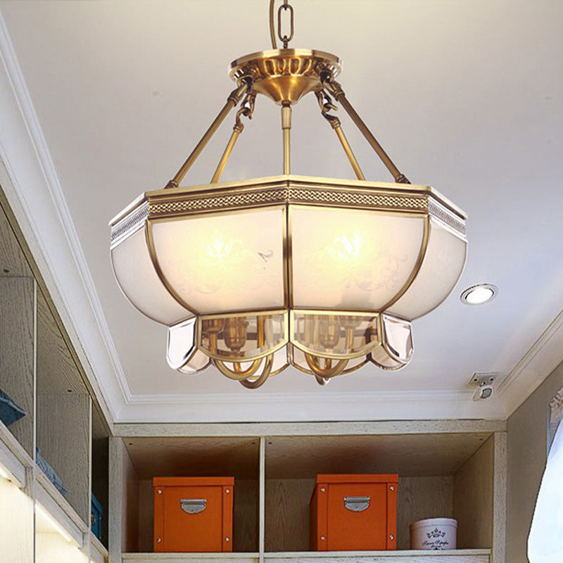4 Bulbs Bowl Hanging Chandelier Colonial Brass Frosted Glass Ceiling Suspension Lamp for Living Room Clearhalo 'Ceiling Lights' 'Chandeliers' 'Glass shade' 'Glass' Lighting' 284063