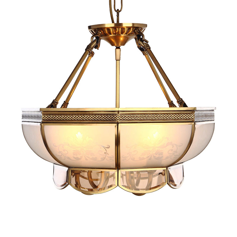 4 Bulbs Bowl Hanging Chandelier Colonial Brass Frosted Glass Ceiling Suspension Lamp for Living Room Clearhalo 'Ceiling Lights' 'Chandeliers' 'Glass shade' 'Glass' Lighting' 284065