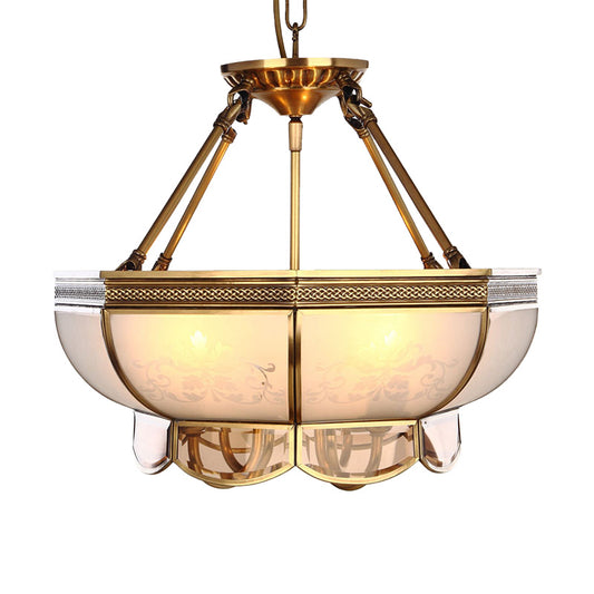 4 Bulbs Bowl Hanging Chandelier Colonial Brass Frosted Glass Ceiling Suspension Lamp for Living Room Clearhalo 'Ceiling Lights' 'Chandeliers' 'Glass shade' 'Glass' Lighting' 284065