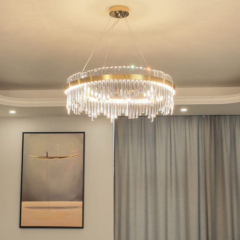16"/19.5" Wide LED Hanging Ceiling Light Postmodern Circle Crystal Rod Chandelier Light in Gold Clearhalo 'Ceiling Lights' 'Chandeliers' Lighting' options 284074