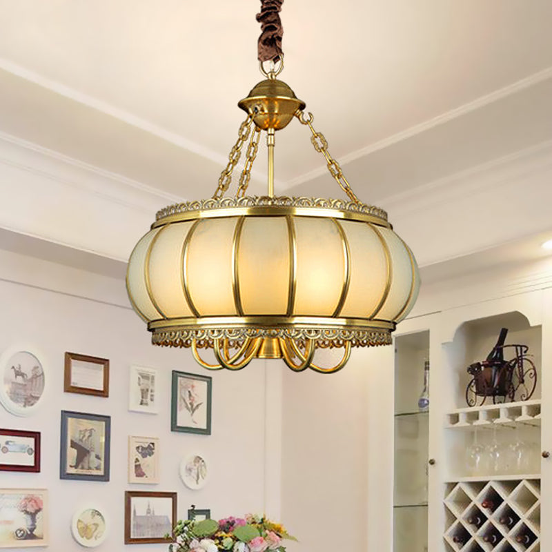 Drum Living Room Pendant Chandelier Colonial Opal Blown Glass 4 Heads Brass Hanging Ceiling Light Brass Clearhalo 'Ceiling Lights' 'Chandeliers' 'Glass shade' 'Glass' Lighting' 284078