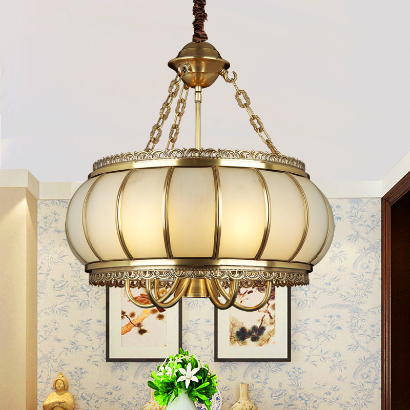 Drum Living Room Pendant Chandelier Colonial Opal Blown Glass 4 Heads Brass Hanging Ceiling Light Clearhalo 'Ceiling Lights' 'Chandeliers' 'Glass shade' 'Glass' Lighting' 284079