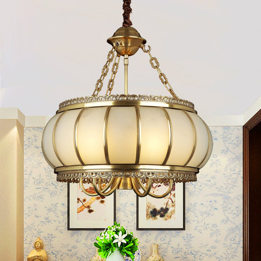 Drum Living Room Pendant Chandelier Colonial Opal Blown Glass 4 Heads Brass Hanging Ceiling Light Clearhalo 'Ceiling Lights' 'Chandeliers' 'Glass shade' 'Glass' Lighting' 284079