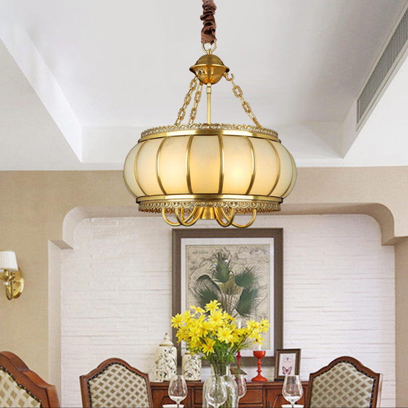 Drum Living Room Pendant Chandelier Colonial Opal Blown Glass 4 Heads Brass Hanging Ceiling Light Clearhalo 'Ceiling Lights' 'Chandeliers' 'Glass shade' 'Glass' Lighting' 284080