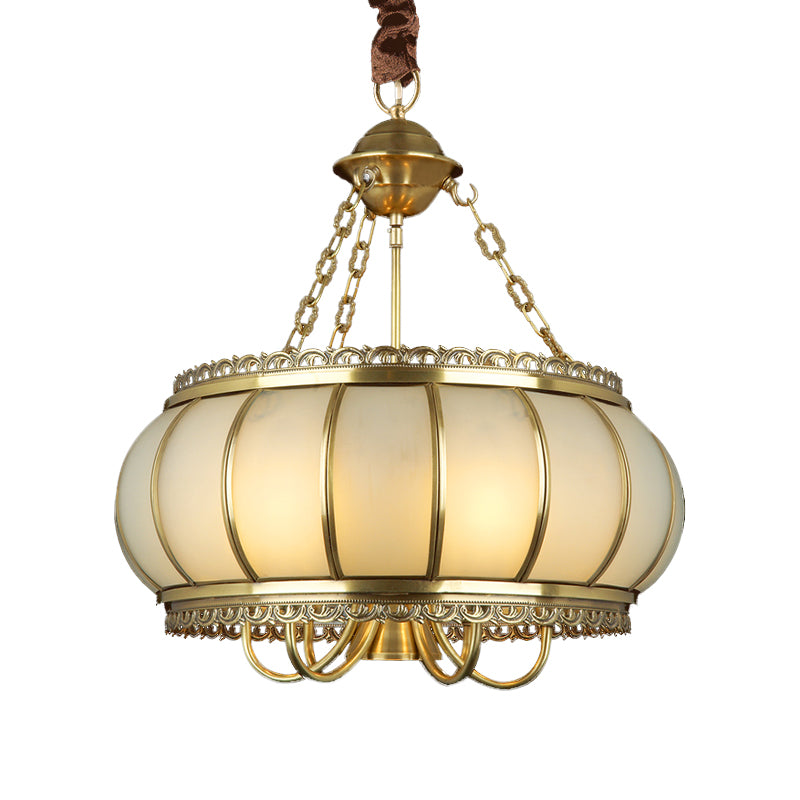 Drum Living Room Pendant Chandelier Colonial Opal Blown Glass 4 Heads Brass Hanging Ceiling Light Clearhalo 'Ceiling Lights' 'Chandeliers' 'Glass shade' 'Glass' Lighting' 284081