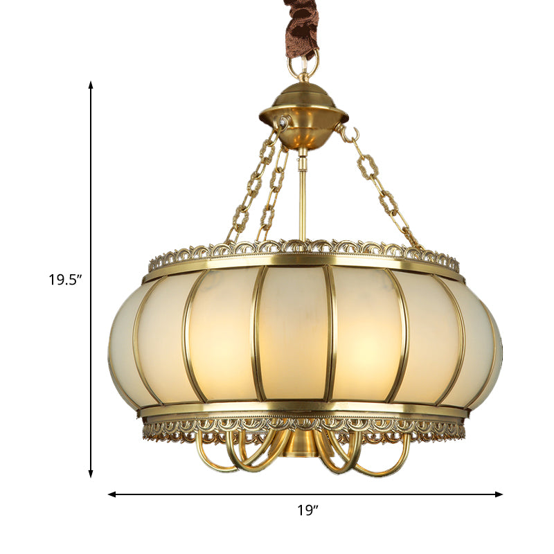 Drum Living Room Pendant Chandelier Colonial Opal Blown Glass 4 Heads Brass Hanging Ceiling Light Clearhalo 'Ceiling Lights' 'Chandeliers' 'Glass shade' 'Glass' Lighting' 284082