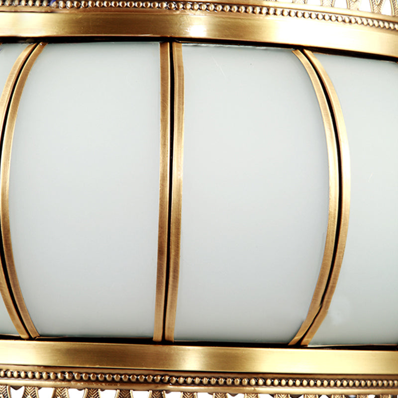 Drum Living Room Pendant Chandelier Colonial Opal Blown Glass 4 Heads Brass Hanging Ceiling Light Clearhalo 'Ceiling Lights' 'Chandeliers' 'Glass shade' 'Glass' Lighting' 284083