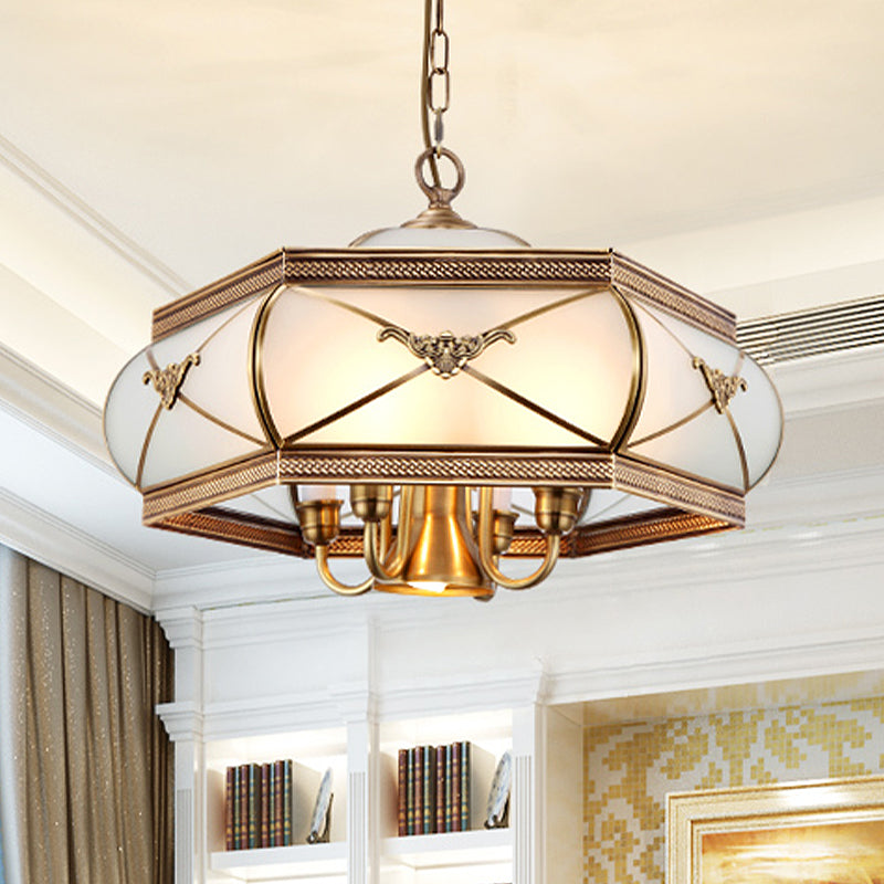 Brass Hexagon Hanging Chandelier Colonial Satin Opal Glass 5 Lights Dining Room Ceiling Pendant Clearhalo 'Ceiling Lights' 'Chandeliers' 'Glass shade' 'Glass' Lighting' 284092