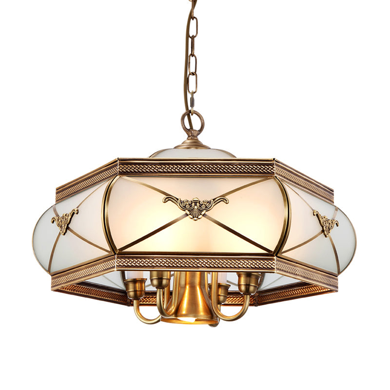 Brass Hexagon Hanging Chandelier Colonial Satin Opal Glass 5 Lights Dining Room Ceiling Pendant Clearhalo 'Ceiling Lights' 'Chandeliers' 'Glass shade' 'Glass' Lighting' 284094