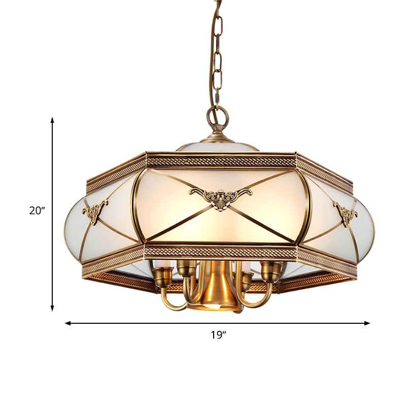 Brass Hexagon Hanging Chandelier Colonial Satin Opal Glass 5 Lights Dining Room Ceiling Pendant Clearhalo 'Ceiling Lights' 'Chandeliers' 'Glass shade' 'Glass' Lighting' 284095