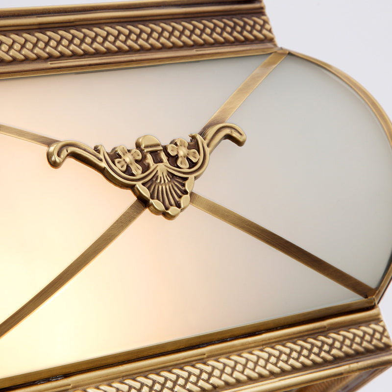 Brass Hexagon Hanging Chandelier Colonial Satin Opal Glass 5 Lights Dining Room Ceiling Pendant Clearhalo 'Ceiling Lights' 'Chandeliers' 'Glass shade' 'Glass' Lighting' 284096