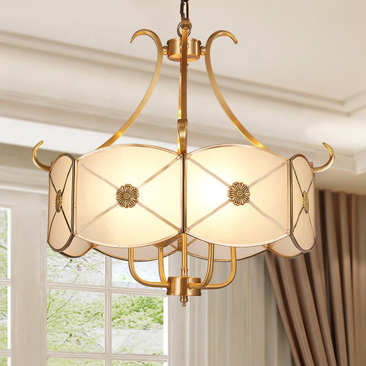 20"/23.5" W White Glass Drum Chandelier Lamp Colonial 4 Heads Dining Room Pendant Light Fixture White Clearhalo 'Ceiling Lights' 'Chandeliers' 'Glass shade' 'Glass' Lighting' 284138