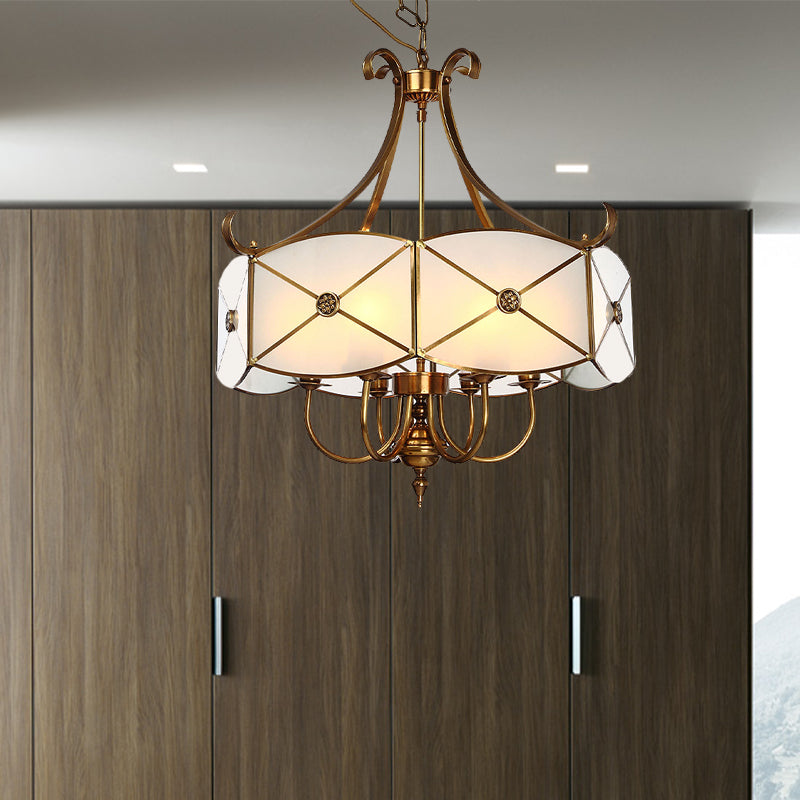 Colonial Drum Hanging Pendant 4/6 Heads White Glass Chandelier Lighting Fixture for Bedroom 6 White Clearhalo 'Ceiling Lights' 'Chandeliers' 'Glass shade' 'Glass' Lighting' 284167