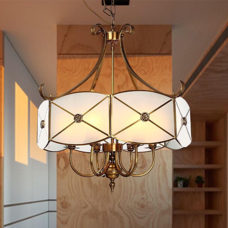 Colonial Drum Hanging Pendant 4/6 Heads White Glass Chandelier Lighting Fixture for Bedroom Clearhalo 'Ceiling Lights' 'Chandeliers' 'Glass shade' 'Glass' Lighting' 284168