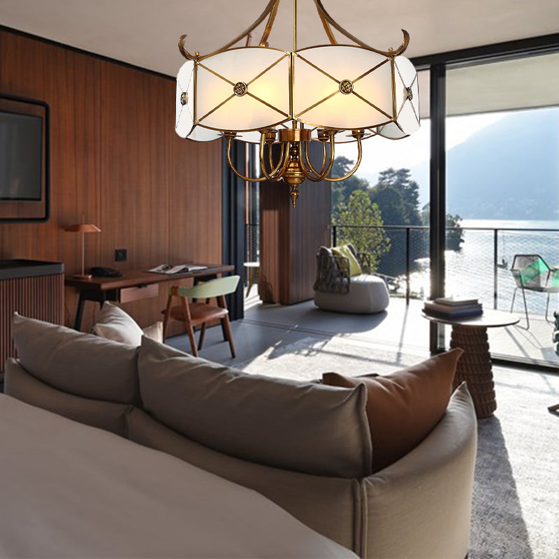 Colonial Drum Hanging Pendant 4/6 Heads White Glass Chandelier Lighting Fixture for Bedroom Clearhalo 'Ceiling Lights' 'Chandeliers' 'Glass shade' 'Glass' Lighting' 284169