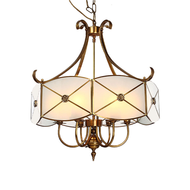 Colonial Drum Hanging Pendant 4/6 Heads White Glass Chandelier Lighting Fixture for Bedroom Clearhalo 'Ceiling Lights' 'Chandeliers' 'Glass shade' 'Glass' Lighting' 284170