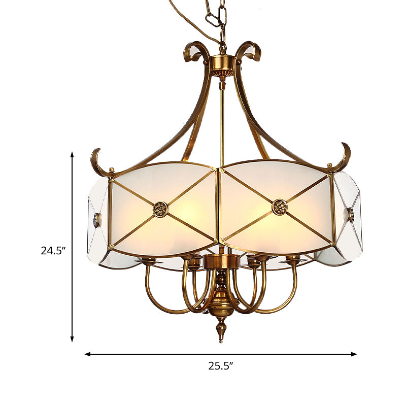 Colonial Drum Hanging Pendant 4/6 Heads White Glass Chandelier Lighting Fixture for Bedroom Clearhalo 'Ceiling Lights' 'Chandeliers' 'Glass shade' 'Glass' Lighting' 284171