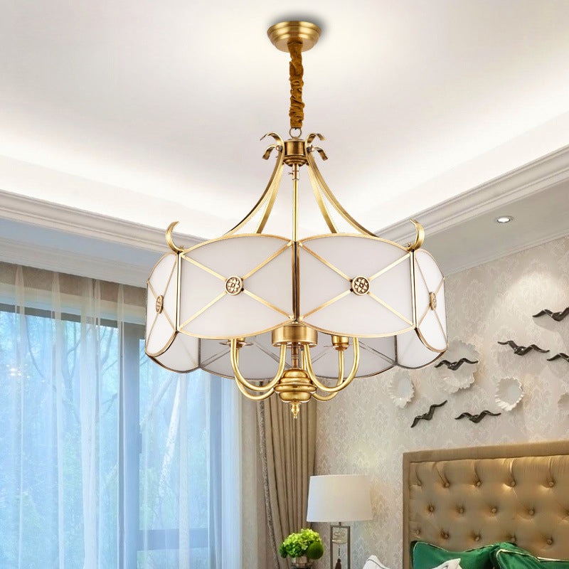 Colonial Drum Hanging Pendant 4/6 Heads White Glass Chandelier Lighting Fixture for Bedroom 4 White Clearhalo 'Ceiling Lights' 'Chandeliers' 'Glass shade' 'Glass' Lighting' 284173