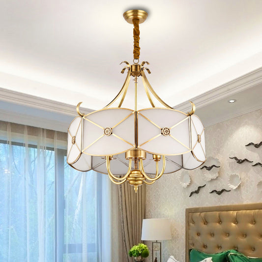 Colonial Drum Hanging Pendant 4/6 Heads White Glass Chandelier Lighting Fixture for Bedroom 4 White Clearhalo 'Ceiling Lights' 'Chandeliers' 'Glass shade' 'Glass' Lighting' 284173