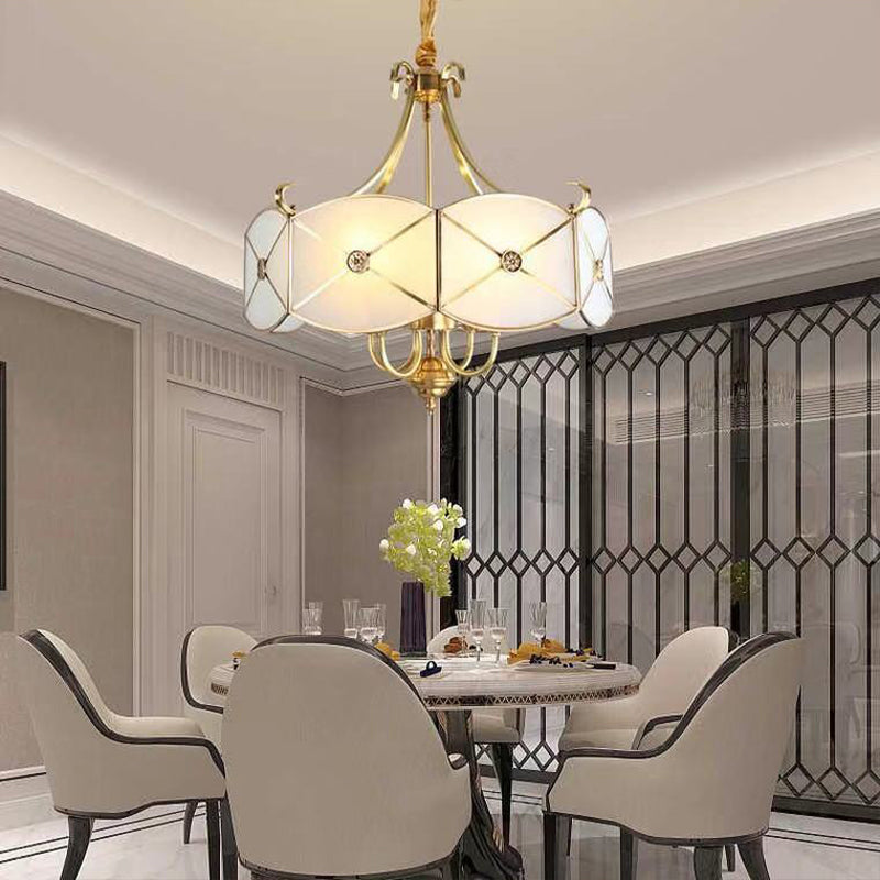 Colonial Drum Hanging Pendant 4/6 Heads White Glass Chandelier Lighting Fixture for Bedroom Clearhalo 'Ceiling Lights' 'Chandeliers' 'Glass shade' 'Glass' Lighting' 284174