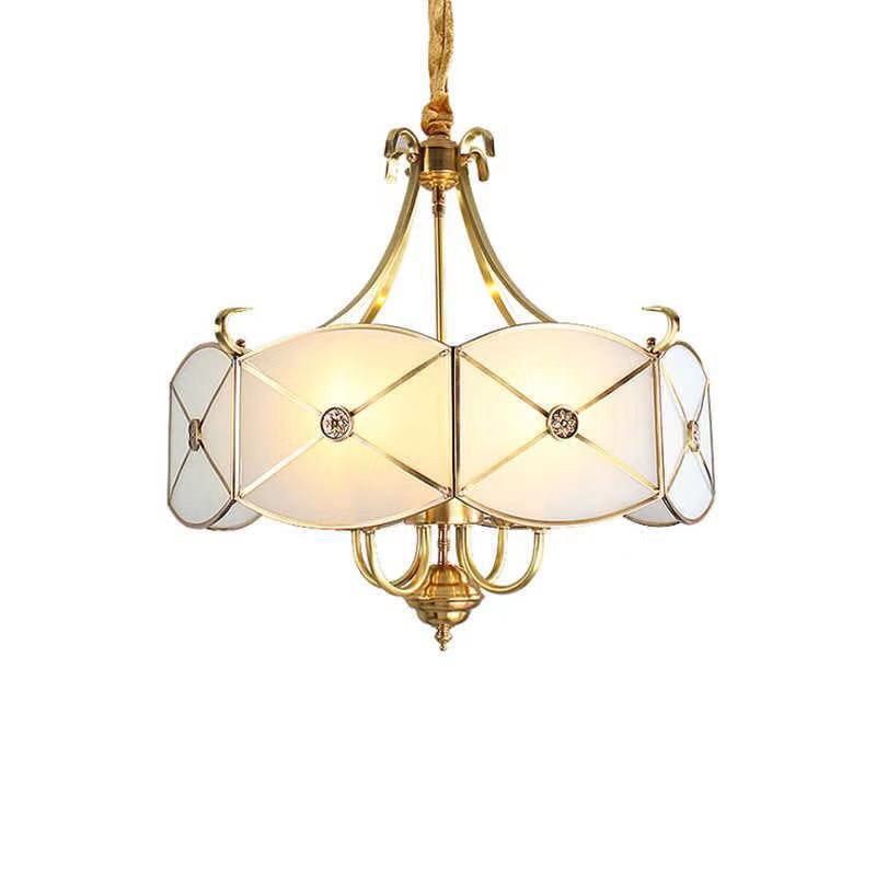 Colonial Drum Hanging Pendant 4/6 Heads White Glass Chandelier Lighting Fixture for Bedroom Clearhalo 'Ceiling Lights' 'Chandeliers' 'Glass shade' 'Glass' Lighting' 284175