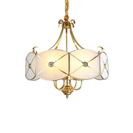 Colonial Drum Hanging Pendant 4/6 Heads White Glass Chandelier Lighting Fixture for Bedroom Clearhalo 'Ceiling Lights' 'Chandeliers' 'Glass shade' 'Glass' Lighting' 284175