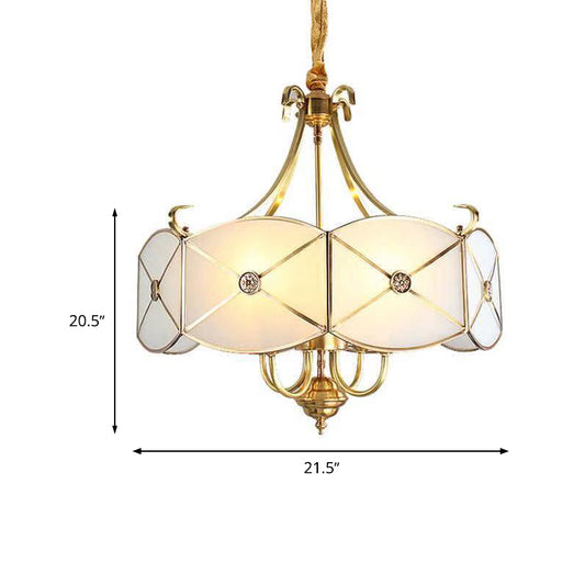 Colonial Drum Hanging Pendant 4/6 Heads White Glass Chandelier Lighting Fixture for Bedroom Clearhalo 'Ceiling Lights' 'Chandeliers' 'Glass shade' 'Glass' Lighting' 284176