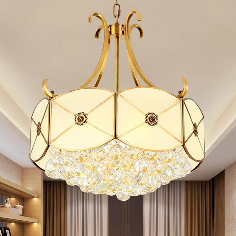 Drum Restaurant Ceiling Chandelier Colonial Ivory Glass 4 Heads Gold Hanging Light Fixture with Crystal Ball Clearhalo 'Ceiling Lights' 'Chandeliers' 'Glass shade' 'Glass' Lighting' 284193