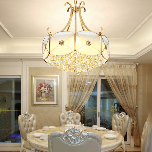 Drum Restaurant Ceiling Chandelier Colonial Ivory Glass 4 Heads Gold Hanging Light Fixture with Crystal Ball Clearhalo 'Ceiling Lights' 'Chandeliers' 'Glass shade' 'Glass' Lighting' 284194