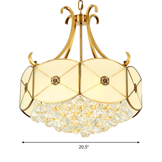Drum Restaurant Ceiling Chandelier Colonial Ivory Glass 4 Heads Gold Hanging Light Fixture with Crystal Ball Clearhalo 'Ceiling Lights' 'Chandeliers' 'Glass shade' 'Glass' Lighting' 284196