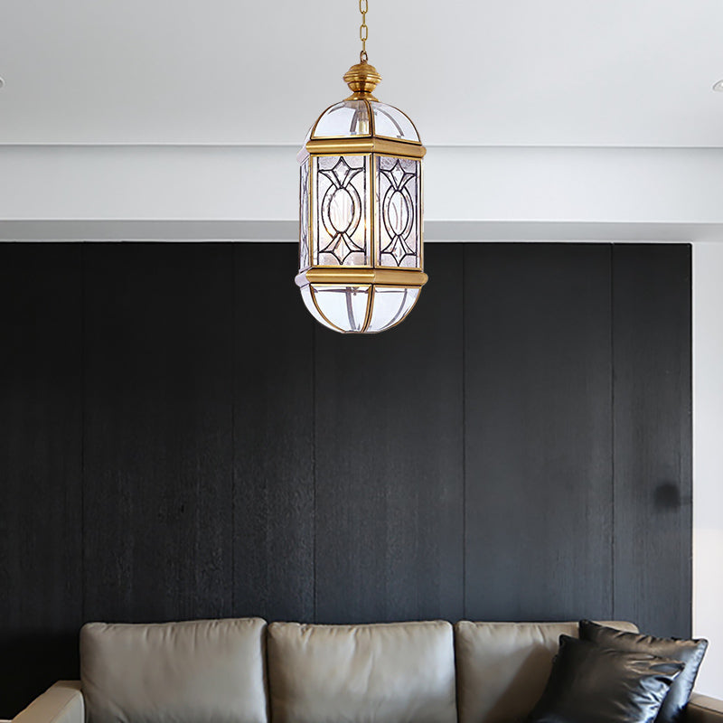 Lantern Outdoor Chandelier Light Colonial Frosted Glass 3 Bulbs Brass Hanging Ceiling Light Clearhalo 'Ceiling Lights' 'Chandeliers' 'Glass shade' 'Glass' Lighting' 284233