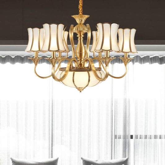 6 Heads Chandelier Lighting Colony Sputnik Metal Suspended Lighting in Gold with Scallope Frosted White Glass Shade Gold Clearhalo 'Ceiling Lights' 'Chandeliers' 'Glass shade' 'Glass' Lighting' 284276
