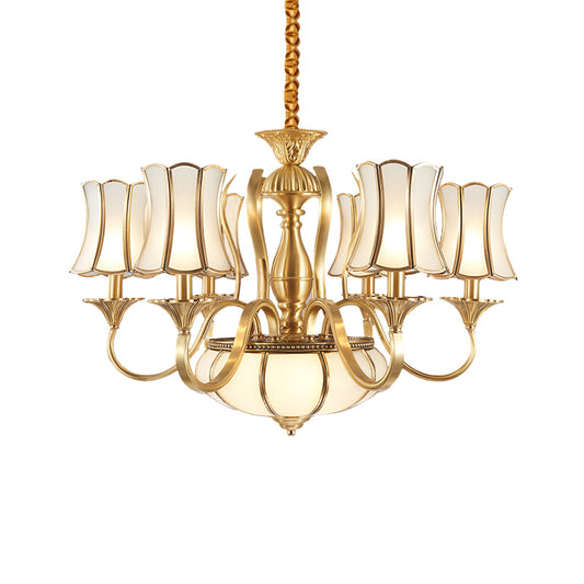 6 Heads Chandelier Lighting Colony Sputnik Metal Suspended Lighting in Gold with Scallope Frosted White Glass Shade Clearhalo 'Ceiling Lights' 'Chandeliers' 'Glass shade' 'Glass' Lighting' 284279