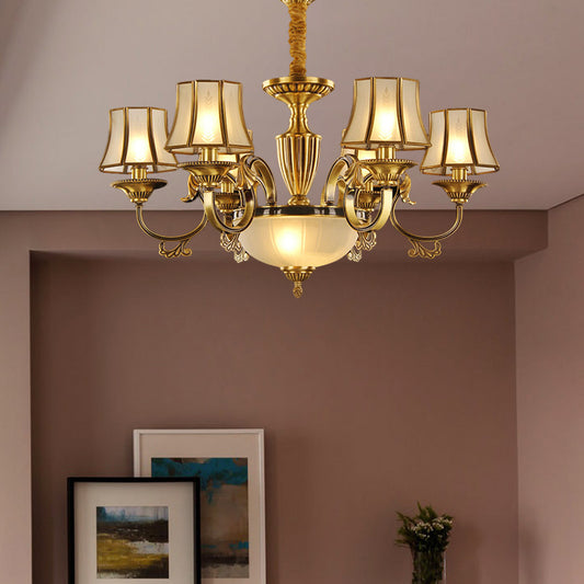 Gold 6/8 Heads Chandelier Lighting Colonization Frosted Glass Bell Ceiling Pendant Light for Living Room 6 Gold Clearhalo 'Ceiling Lights' 'Chandeliers' 'Glass shade' 'Glass' Lighting' 284295