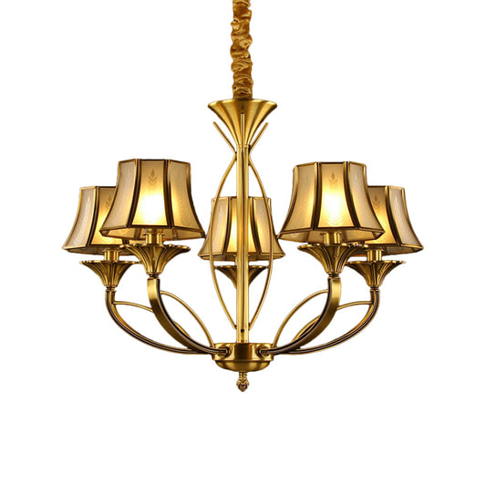Gold Flared Chandelier Colonization Frosted White Glass 5/6/8 Heads Living Room Pendant Light with Curved Metal Arm Clearhalo 'Ceiling Lights' 'Chandeliers' 'Glass shade' 'Glass' Lighting' 284340