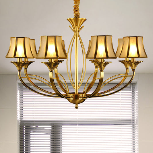 Gold Flared Chandelier Colonization Frosted White Glass 5/6/8 Heads Living Room Pendant Light with Curved Metal Arm 8 Gold Clearhalo 'Ceiling Lights' 'Chandeliers' 'Glass shade' 'Glass' Lighting' 284347