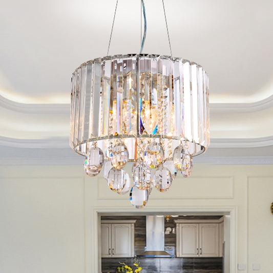 Clear Crystal Rod Drum Hanging Lamp Contemporary 6 Heads Chandelier Pendant Light Clearhalo 'Ceiling Lights' 'Chandeliers' 'Clear' 'Industrial' 'Modern Chandeliers' 'Modern' 'Tiffany' 'Traditional Chandeliers' Lighting' 284352