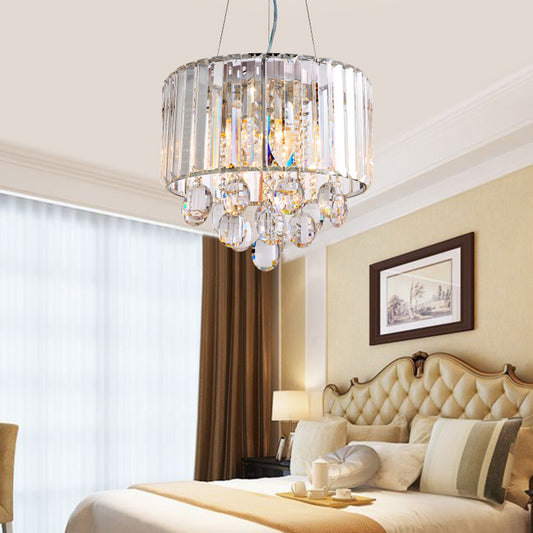 Clear Crystal Rod Drum Hanging Lamp Contemporary 6 Heads Chandelier Pendant Light Clearhalo 'Ceiling Lights' 'Chandeliers' 'Clear' 'Industrial' 'Modern Chandeliers' 'Modern' 'Tiffany' 'Traditional Chandeliers' Lighting' 284353