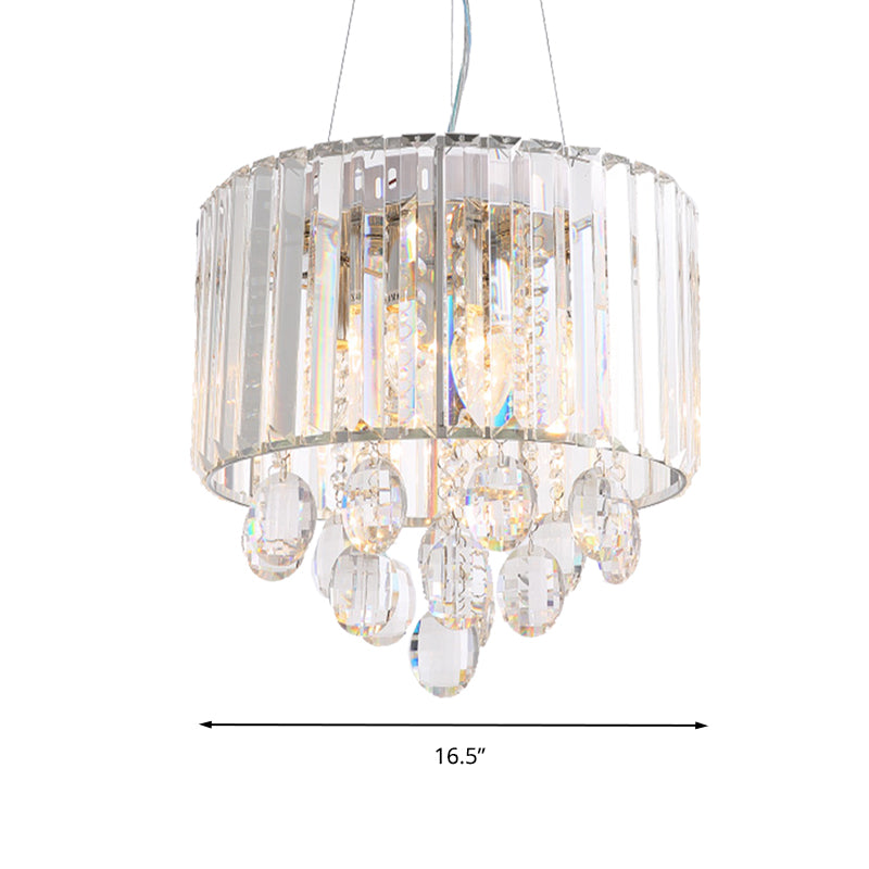 Clear Crystal Rod Drum Hanging Lamp Contemporary 6 Heads Chandelier Pendant Light Clearhalo 'Ceiling Lights' 'Chandeliers' 'Clear' 'Industrial' 'Modern Chandeliers' 'Modern' 'Tiffany' 'Traditional Chandeliers' Lighting' 284355