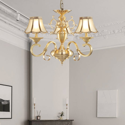 Frosted Glass Scalloped Chandelier Light Traditional 3/5 Lights Living Room Hanging Ceiling Lamp 3 Gold Clearhalo 'Ceiling Lights' 'Chandeliers' 'Glass shade' 'Glass' Lighting' 284380
