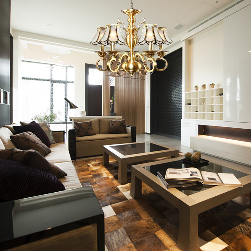 Frosted Glass Scalloped Chandelier Light Traditional 3/5 Lights Living Room Hanging Ceiling Lamp Clearhalo 'Ceiling Lights' 'Chandeliers' 'Glass shade' 'Glass' Lighting' 284387