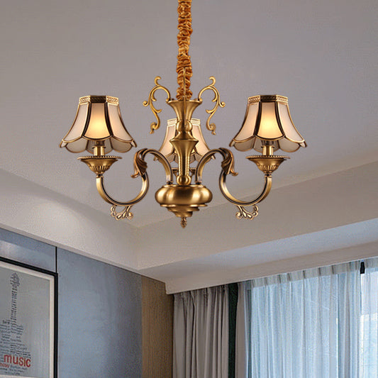 Frosted Glass Gold Pendant Chandelier Scalloped 3/5/6 Bulbs Colonial Suspended Lighting Fixture with Radial Design 3 Gold Clearhalo 'Ceiling Lights' 'Chandeliers' 'Glass shade' 'Glass' Lighting' 284417