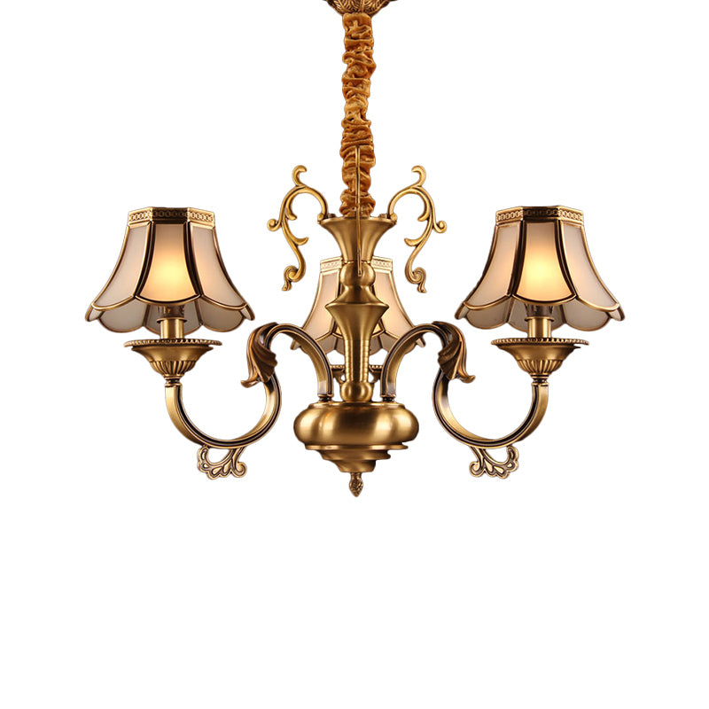 Frosted Glass Gold Pendant Chandelier Scalloped 3/5/6 Bulbs Colonial Suspended Lighting Fixture with Radial Design Clearhalo 'Ceiling Lights' 'Chandeliers' 'Glass shade' 'Glass' Lighting' 284420