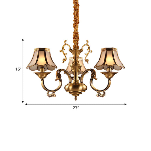 Frosted Glass Gold Pendant Chandelier Scalloped 3/5/6 Bulbs Colonial Suspended Lighting Fixture with Radial Design Clearhalo 'Ceiling Lights' 'Chandeliers' 'Glass shade' 'Glass' Lighting' 284421